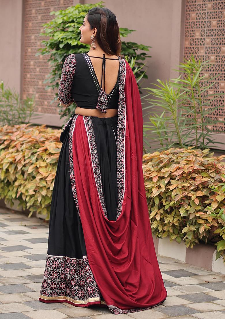 Black Gamathi Rayon Cotton Lehenga Set With Dupatta