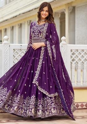 Purple Sequence Georgette Lehenga Set With Dupatta