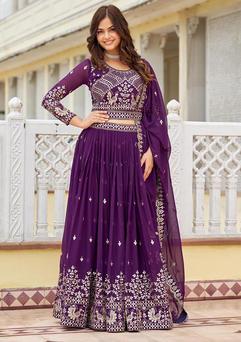 Purple Sequence Georgette Lehenga Set With Dupatta