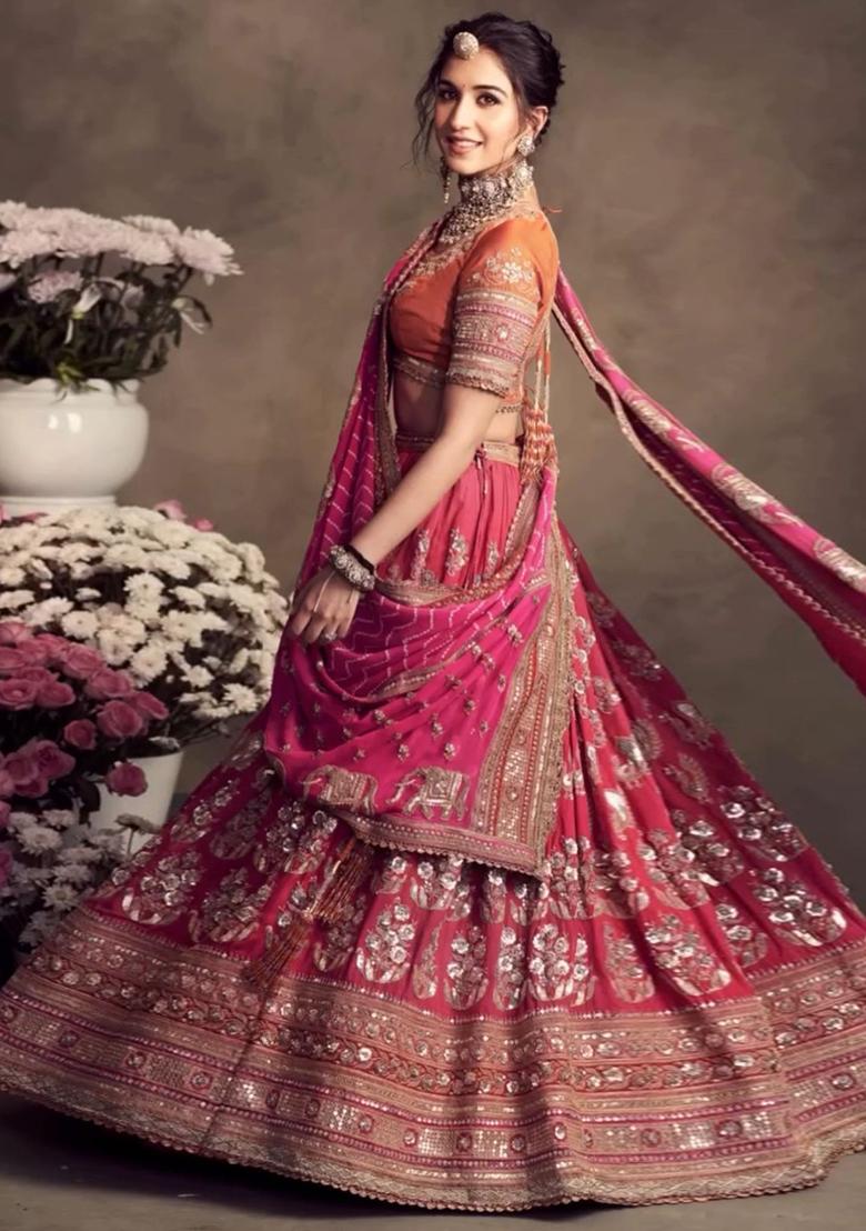 Red Sequence Georgette Lehenga Set With Dupatta