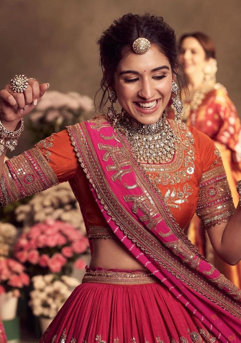 Red Sequence Georgette Lehenga Set With Dupatta