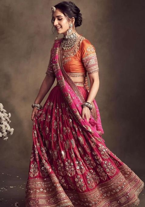Red Sequence Georgette Lehenga Set With Dupatta