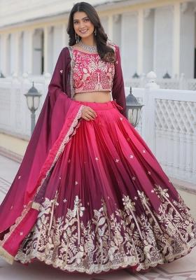 Red Embroidered Chinnon Lehenga Set With Dupatta