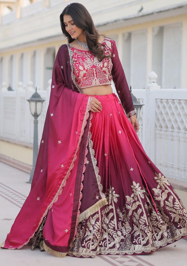 Red Embroidered Chinnon Lehenga Set With Dupatta