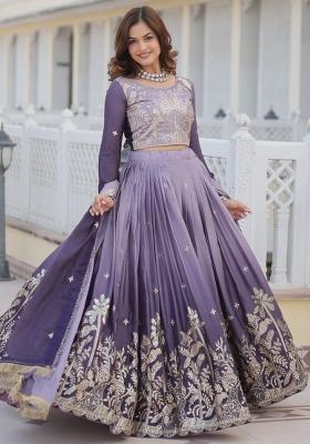 Purple Embroidered Chinnon Lehenga Set With Dupatta