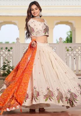 Orange Thread Work Silk Lehenga Set With Dupatta