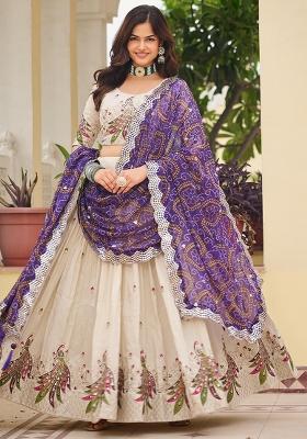 Purple Thread Work Silk Lehenga Set With Dupatta