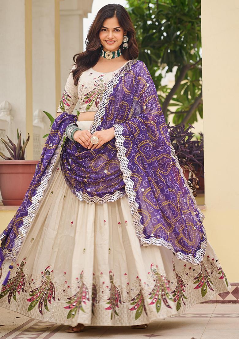 Purple Thread Work Silk Lehenga Set With Dupatta
