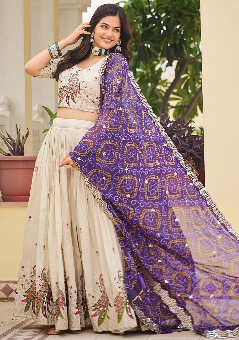 Purple Thread Work Silk Lehenga Set With Dupatta