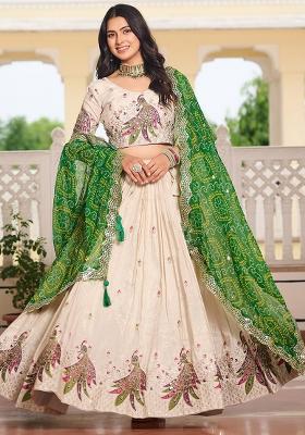 Green Thread Work Silk Lehenga Set With Dupatta
