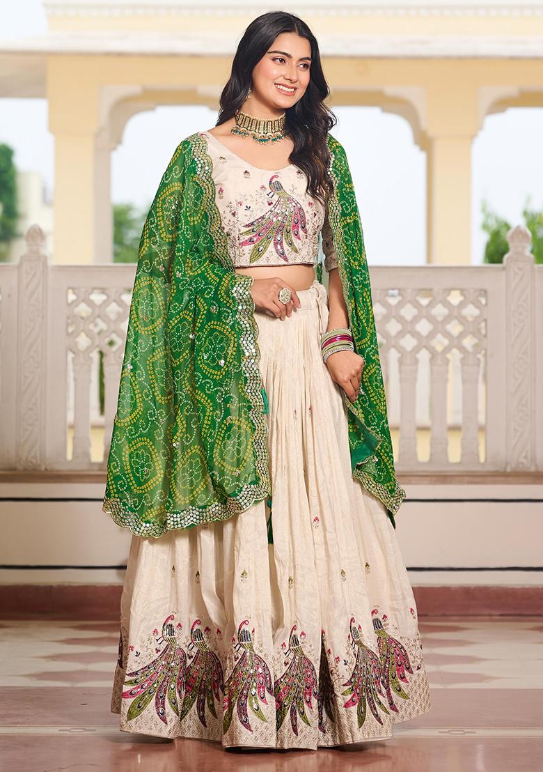 Green Thread Work Silk Lehenga Set With Dupatta