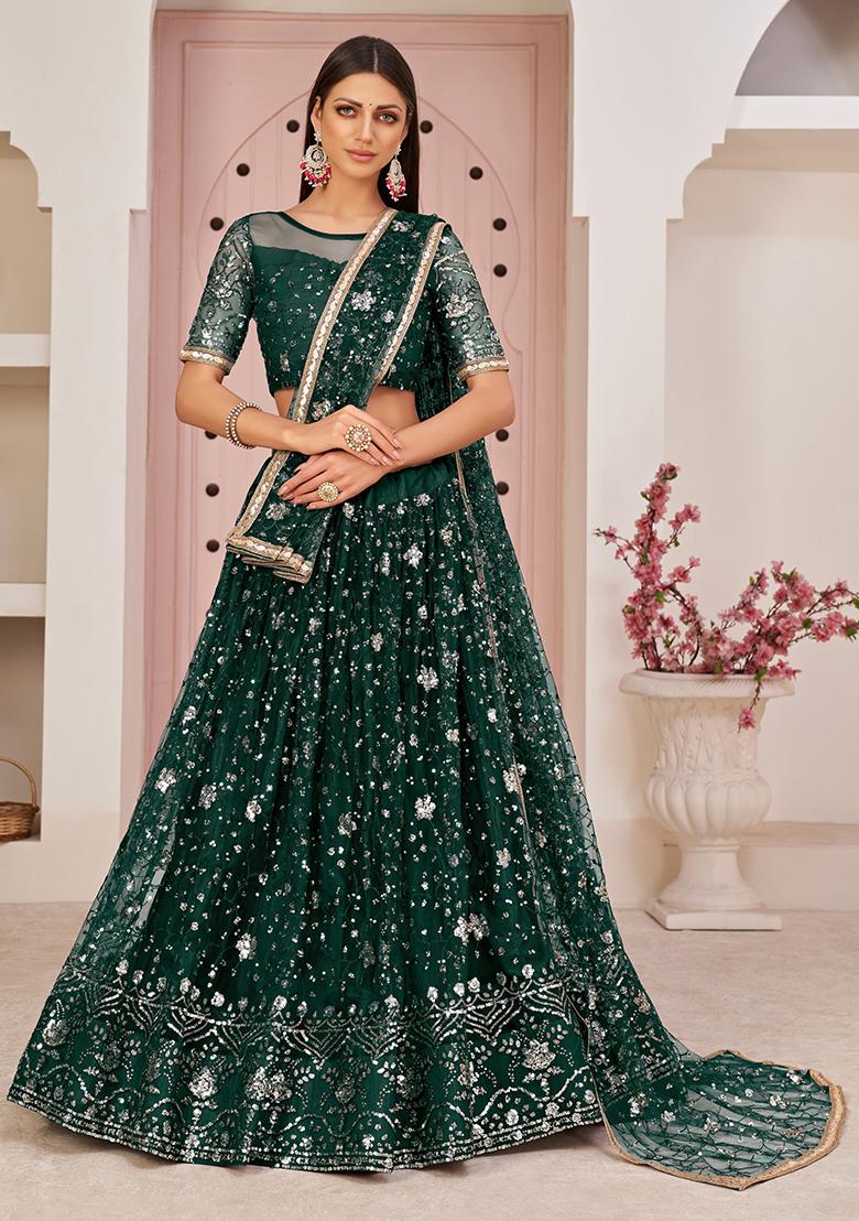 Green Thread Embroidered Net Lehenga Set