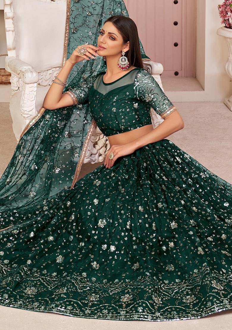 Green Thread Embroidered Net Lehenga Set
