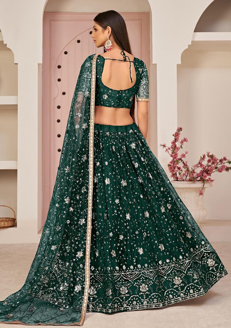 Green Thread Embroidered Net Lehenga Set