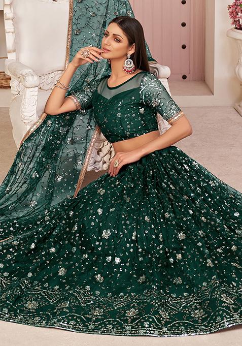 Green Thread Embroidered Net Lehenga Set