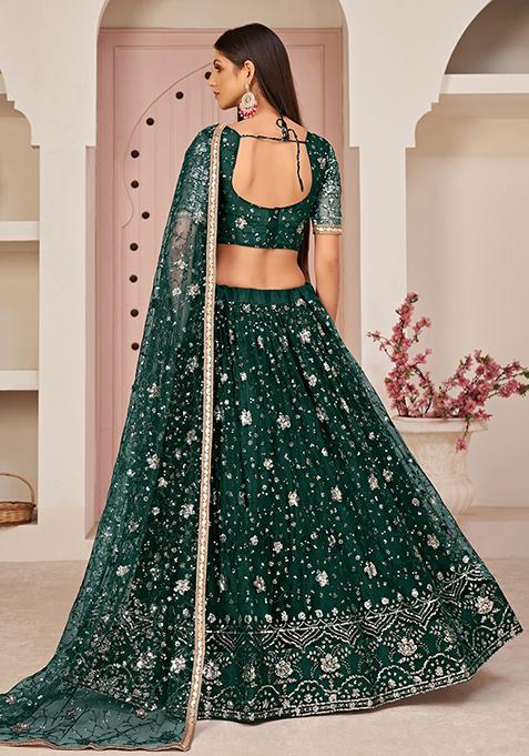 Green Thread Embroidered Net Lehenga Set