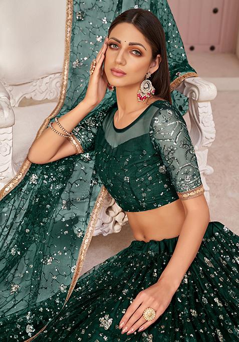 Green Thread Embroidered Net Lehenga Set