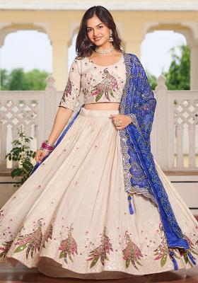 Blue Thread Work Silk Lehenga Set With Dupatta