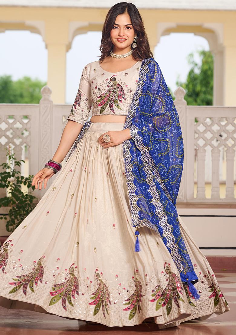 Blue Thread Work Silk Lehenga Set With Dupatta