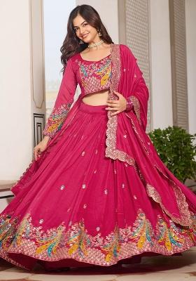 Pink Thread Work Vichitra Silk Lehenga Set With Dupatta