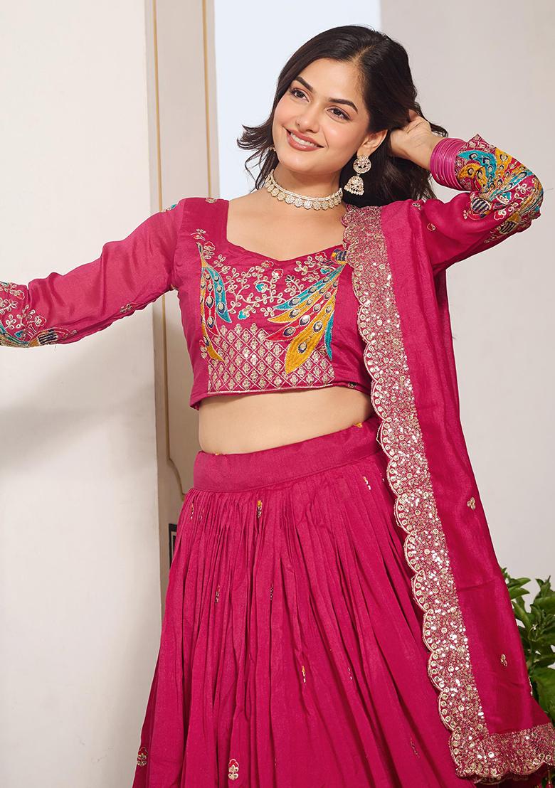 Pink Thread Work Vichitra Silk Lehenga Set With Dupatta
