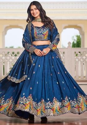 Rama Blue Thread Work Vichitra Silk Lehenga Set With Dupatta