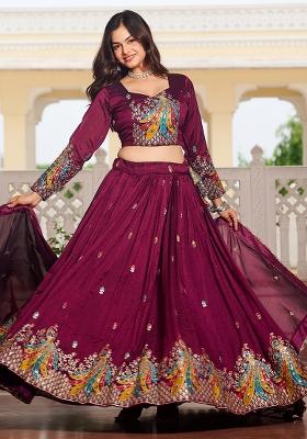 Maroon Thread Work Vichitra Silk Lehenga Set With Dupatta