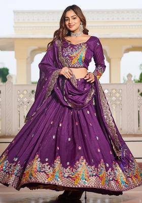 Purple Thread Work Vichitra Silk Lehenga Set With Dupatta