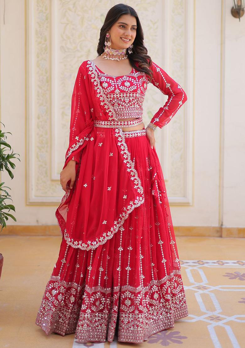 Red Thread Work Georgette Lehenga Set With Dupatta