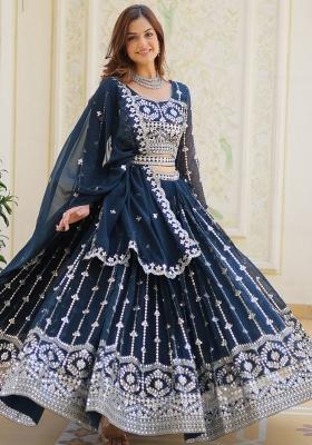Blue Thread Work Georgette Lehenga Set With Dupatta