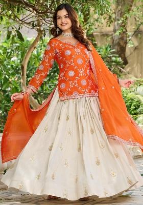 Orange Thread Work Chinnon Lehenga Set With Dupatta