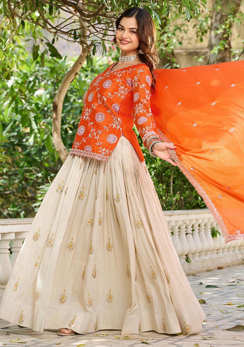 Orange Thread Work Chinnon Lehenga Set With Dupatta