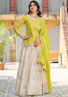 Yellow Thread Work Chinnon Lehenga Set With Dupatta