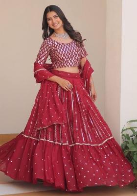 Red Embroidered Georgette Lehenga Set With Dupatta