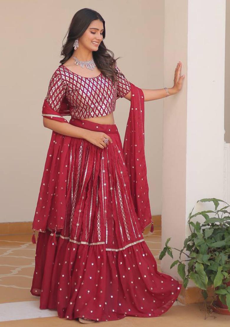 Red Embroidered Georgette Lehenga Set With Dupatta
