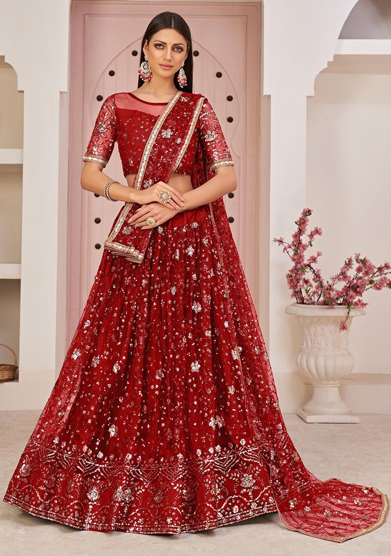 Red Thread Embroidered Net Lehenga Set
