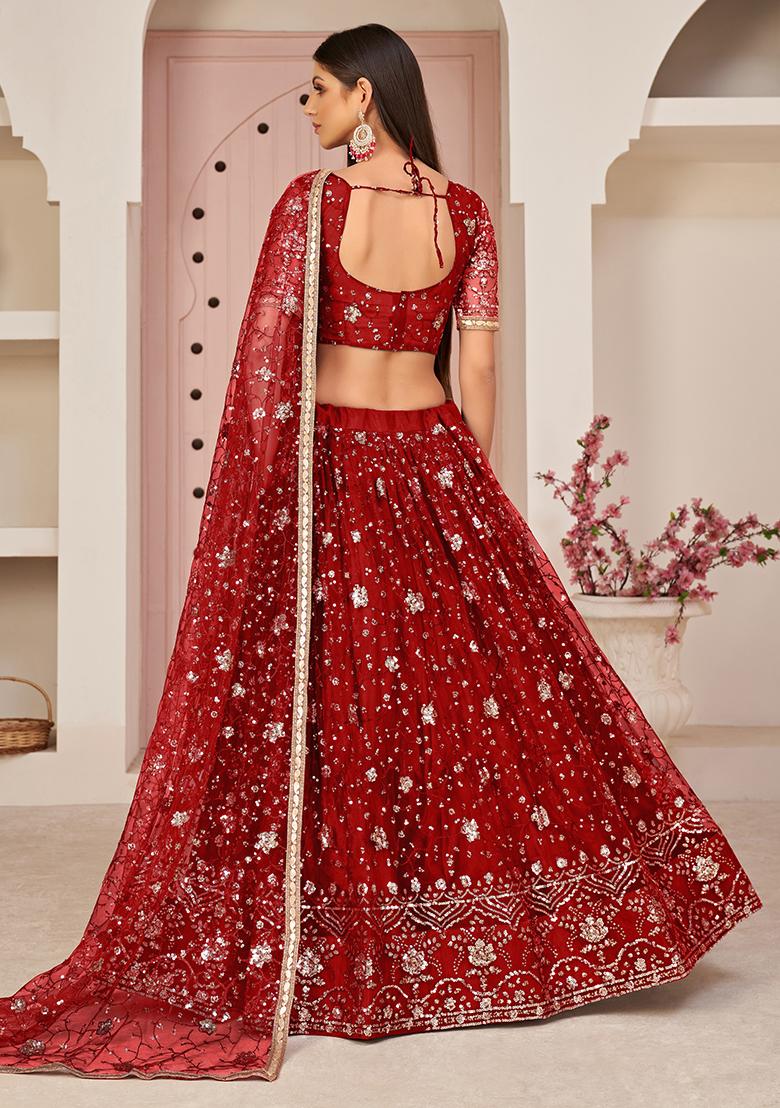 Red Thread Embroidered Net Lehenga Set