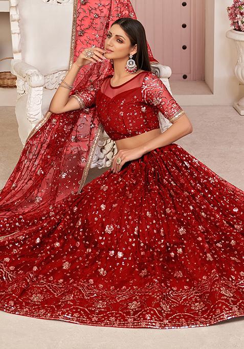 Red Thread Embroidered Net Lehenga Set
