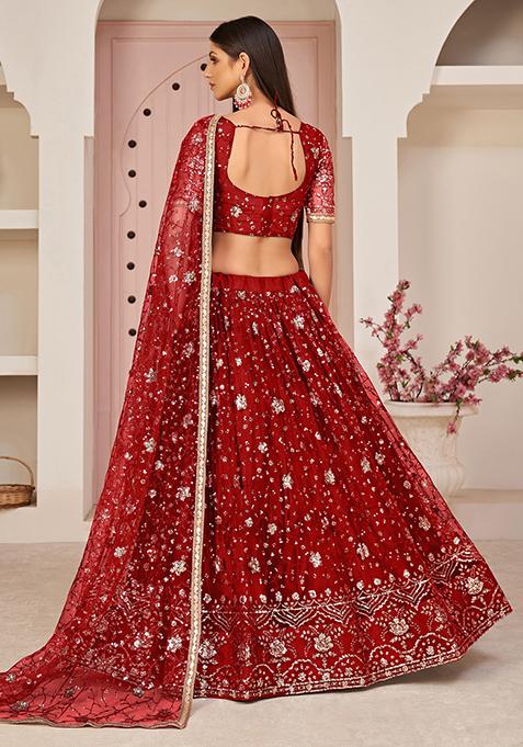 Red Thread Embroidered Net Lehenga Set