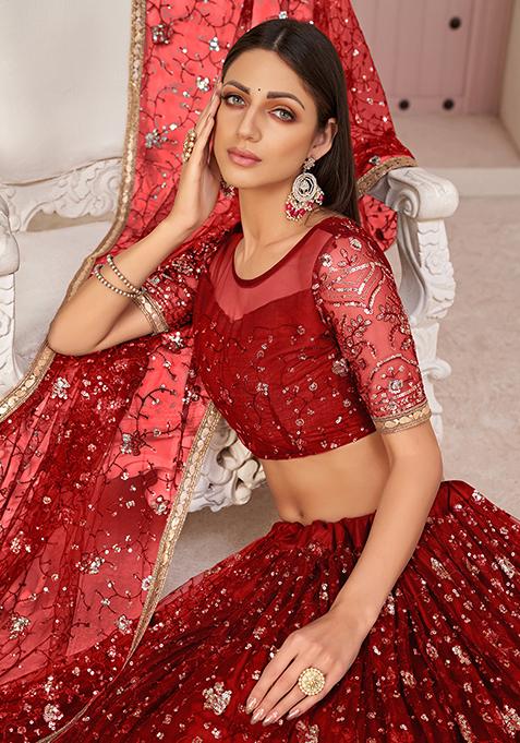 Red Thread Embroidered Net Lehenga Set