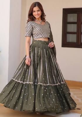 Green Embroidered Georgette Lehenga Set With Dupatta