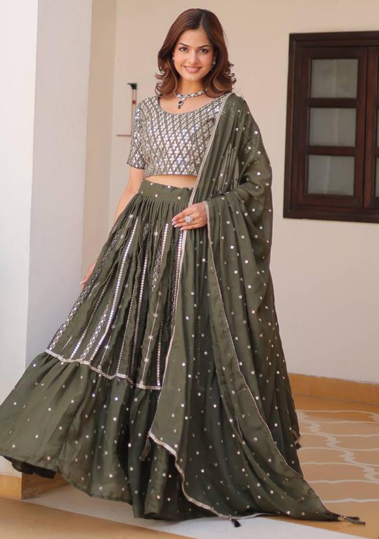 Green Embroidered Georgette Lehenga Set With Dupatta