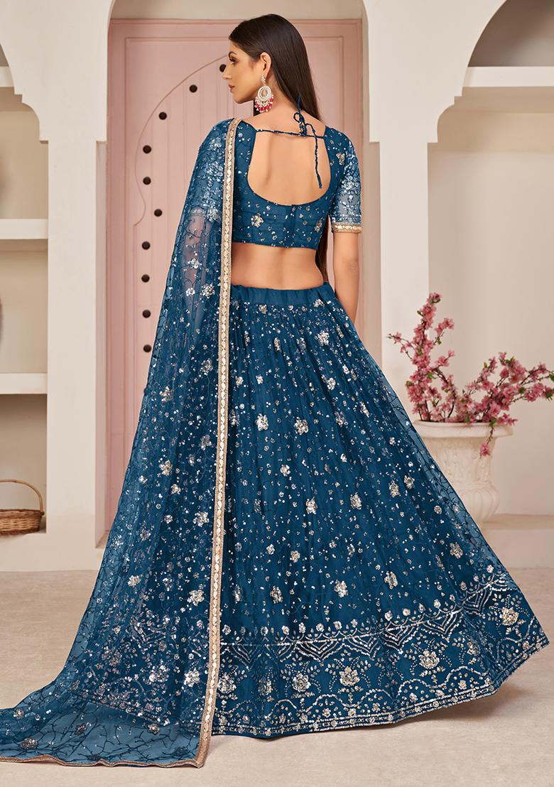 Blue Thread Embroidered Net Lehenga Set