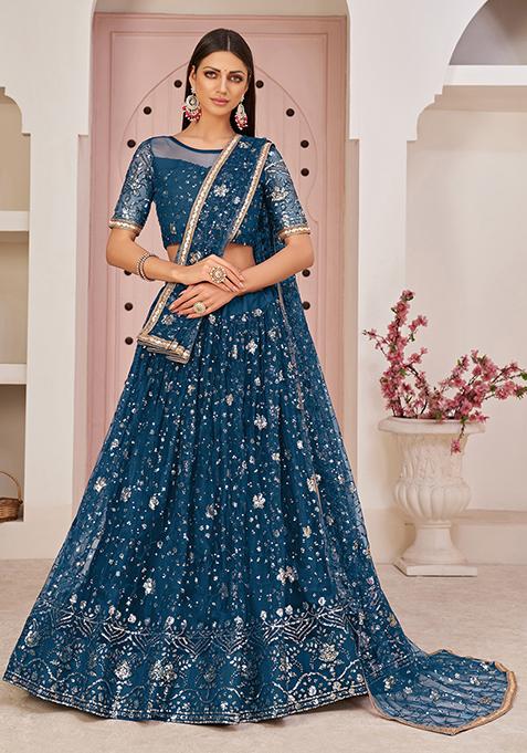 Blue Thread Embroidered Net Lehenga Set