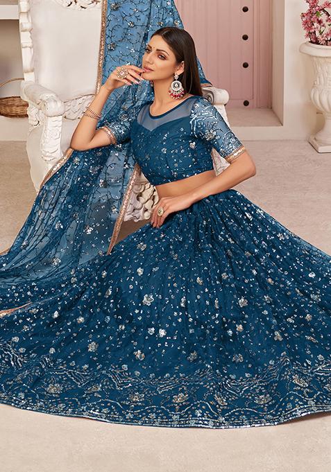 Blue Thread Embroidered Net Lehenga Set