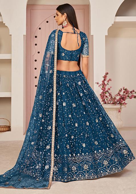 Blue Thread Embroidered Net Lehenga Set