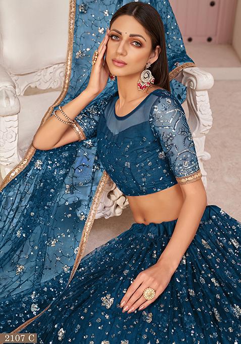 Blue Thread Embroidered Net Lehenga Set