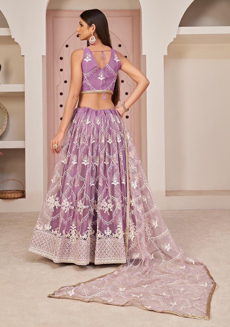 Lavender Thread Embroidered Net Lehenga Set - Indya