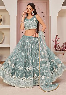 Ocean Blue Thread Embroidered Net Lehenga Set