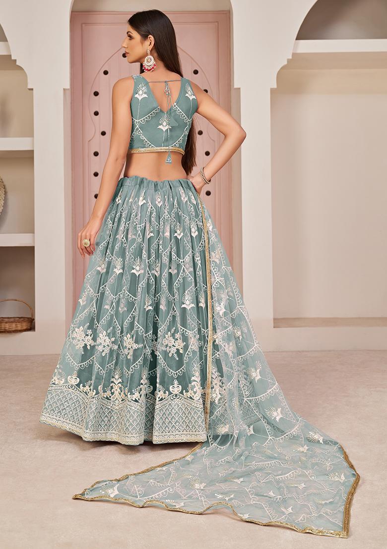 Ocean Blue Thread Embroidered Net Lehenga Set - Indya